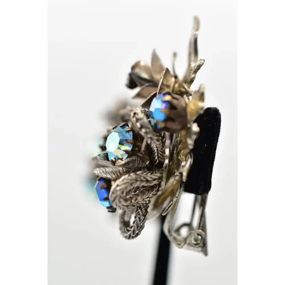 kramer Vintage Crystal Clip On Earrings AB Blue Prong Silver Floral 1950s BinBK